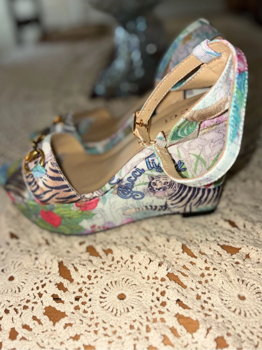 Gucci Floral Tiger Print Platform Wedges with Horsebit Detail